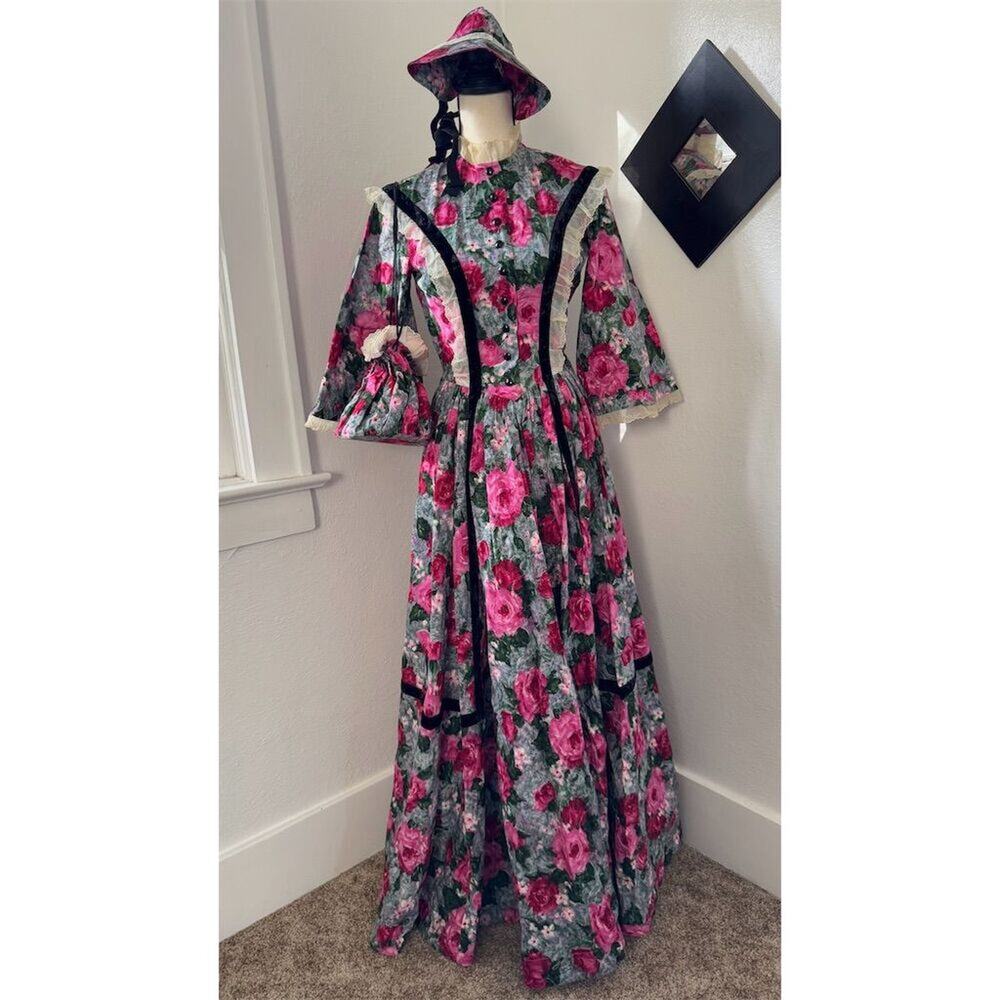 handmade Vintage Victorian Floral Dress Sun Hat Set Handbag Womens Sz S
